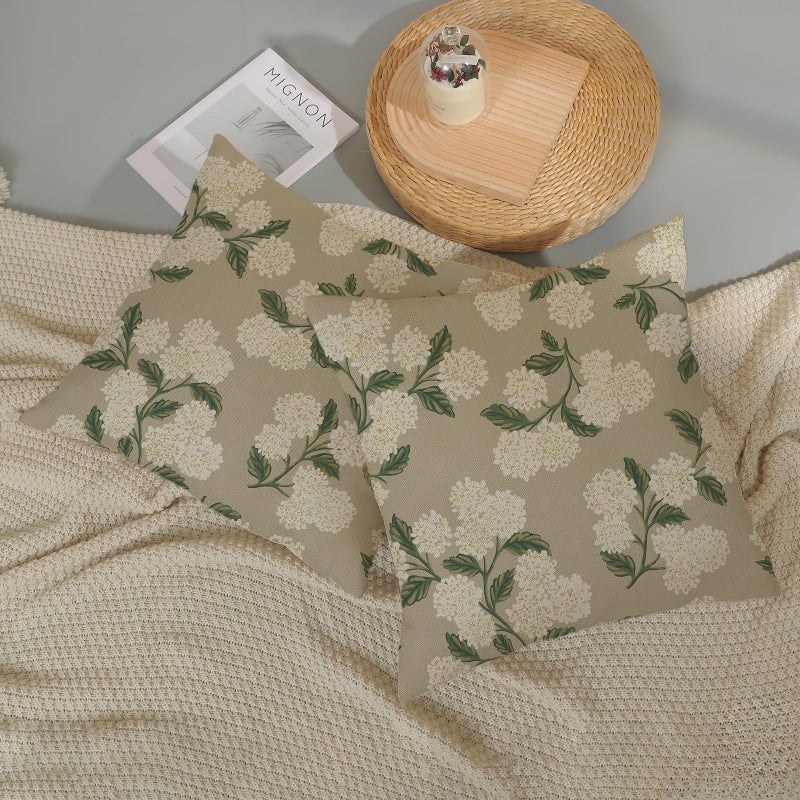 DAFENA Beige Spring Pillow Covers 18x18 Inch 2 Pcs Khaki Green Hydrangea Flower Decor Throw Pillows Vintage Floral Seasonal Summer Outdoor Decoration Pillowcase Linen Cushion Cover for Couch Sofa - Image 5
